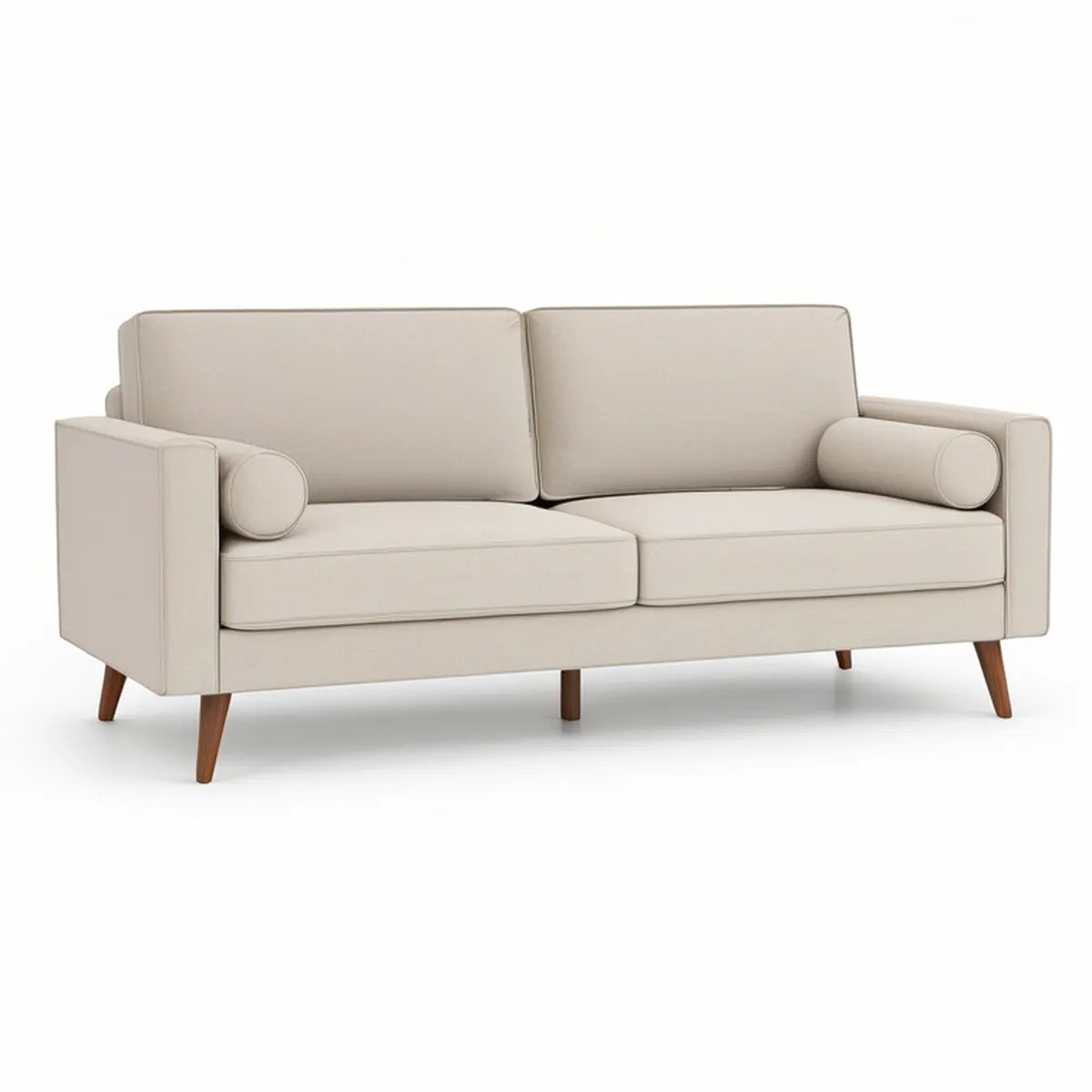 2-personers sofa i beige polyester med brune træben, 180 x 85 x 85 cm