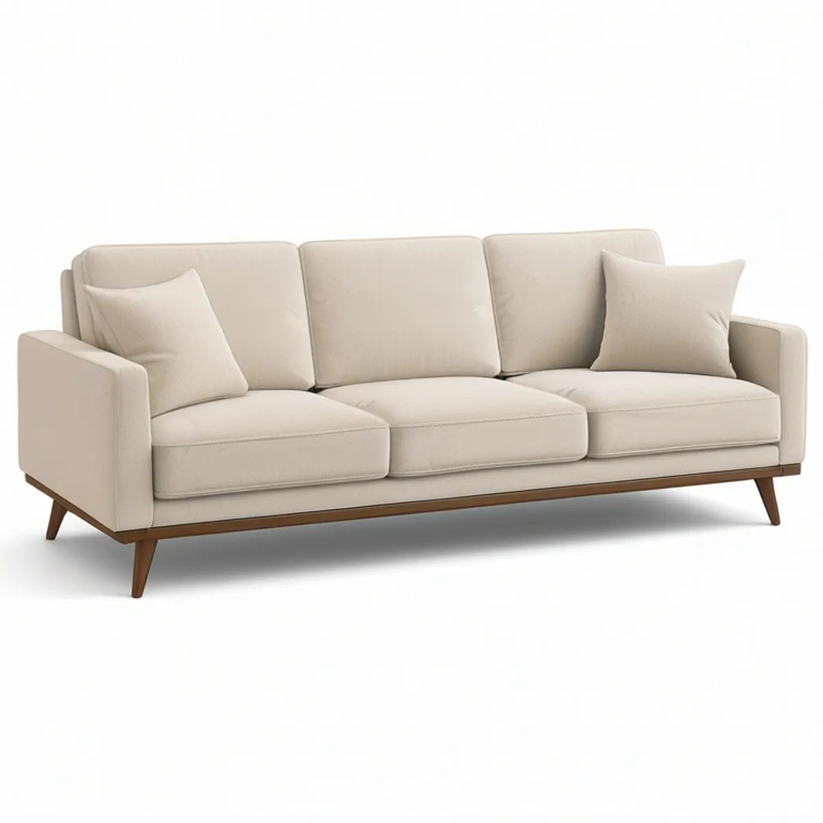 3-personers sofa i beige med valnøddebrune detaljer, 220 x 90 x 84 cm