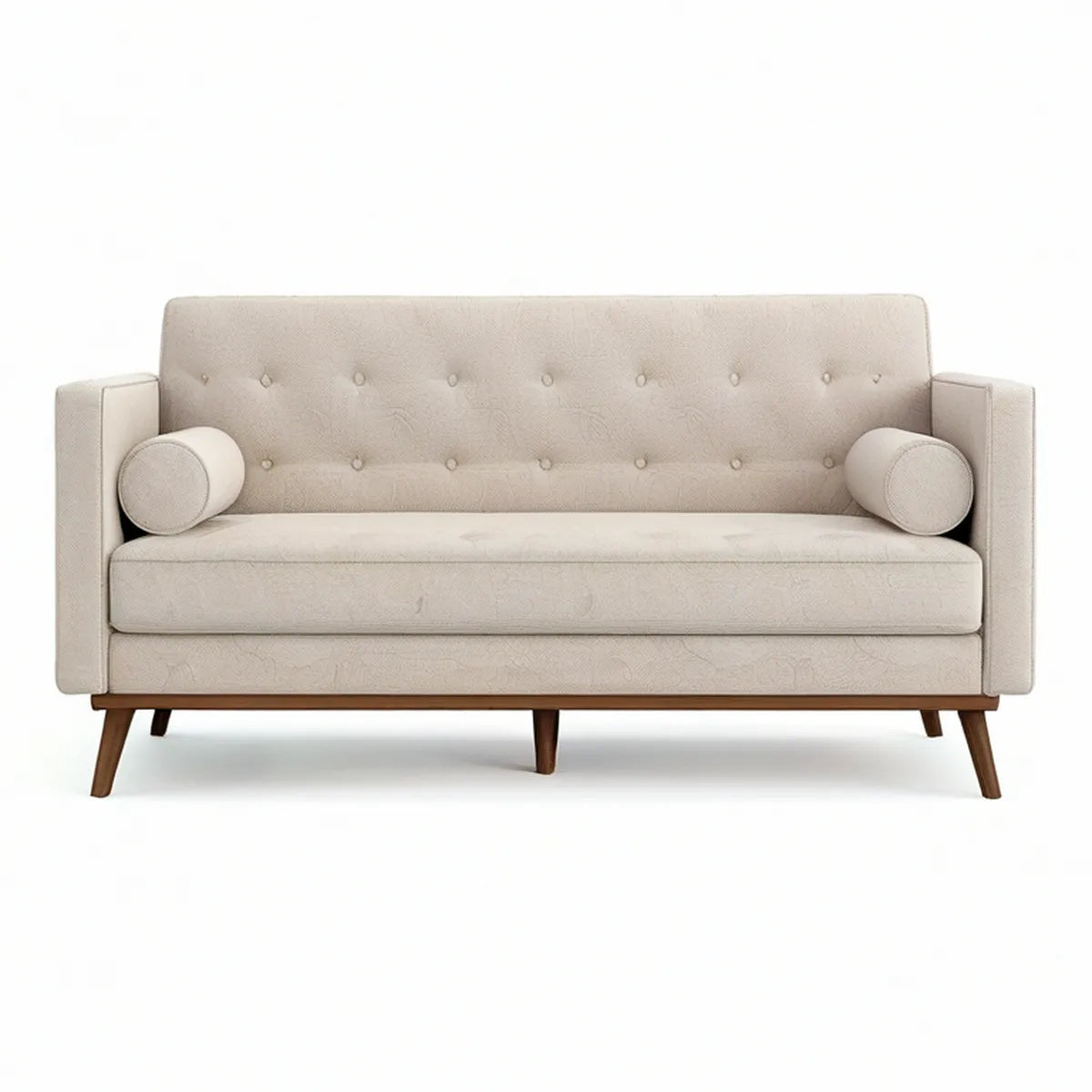 2-personers sofa med knapstoppet ryglæn og runde puder, creme/brun, 160 x 80 x 84 cm