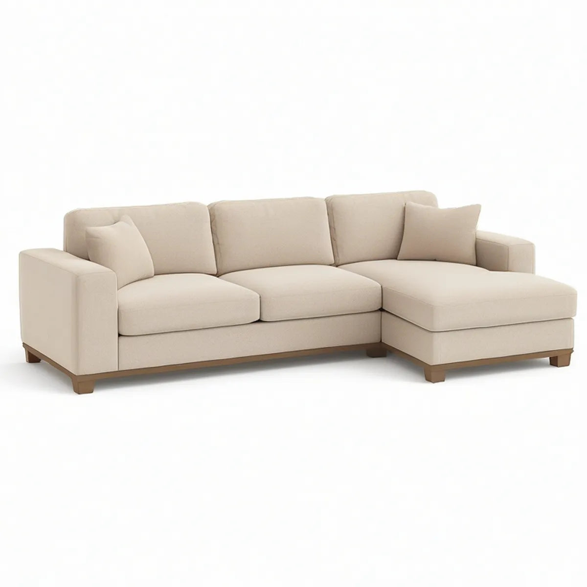 Højrevendt hjørnesofa med chaiselong i beige og brun, 270 x 160 x 85 cm