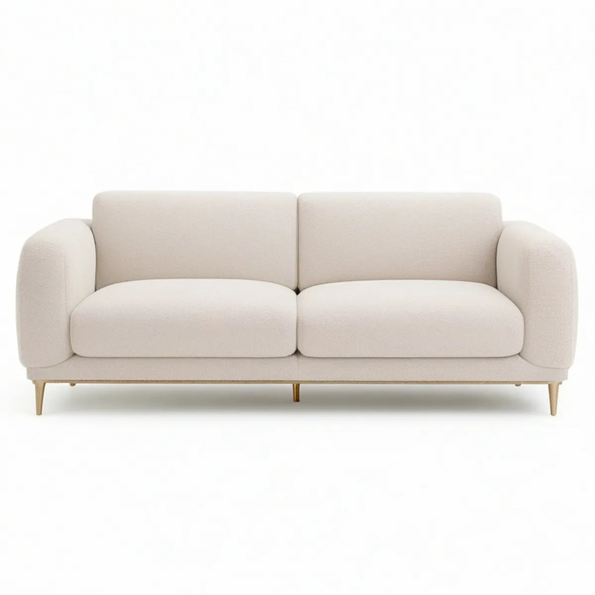 3-personers sofa i cremehvid polyesterbouclé med guldfarvede stålben, 220 x 90 x 78 cm