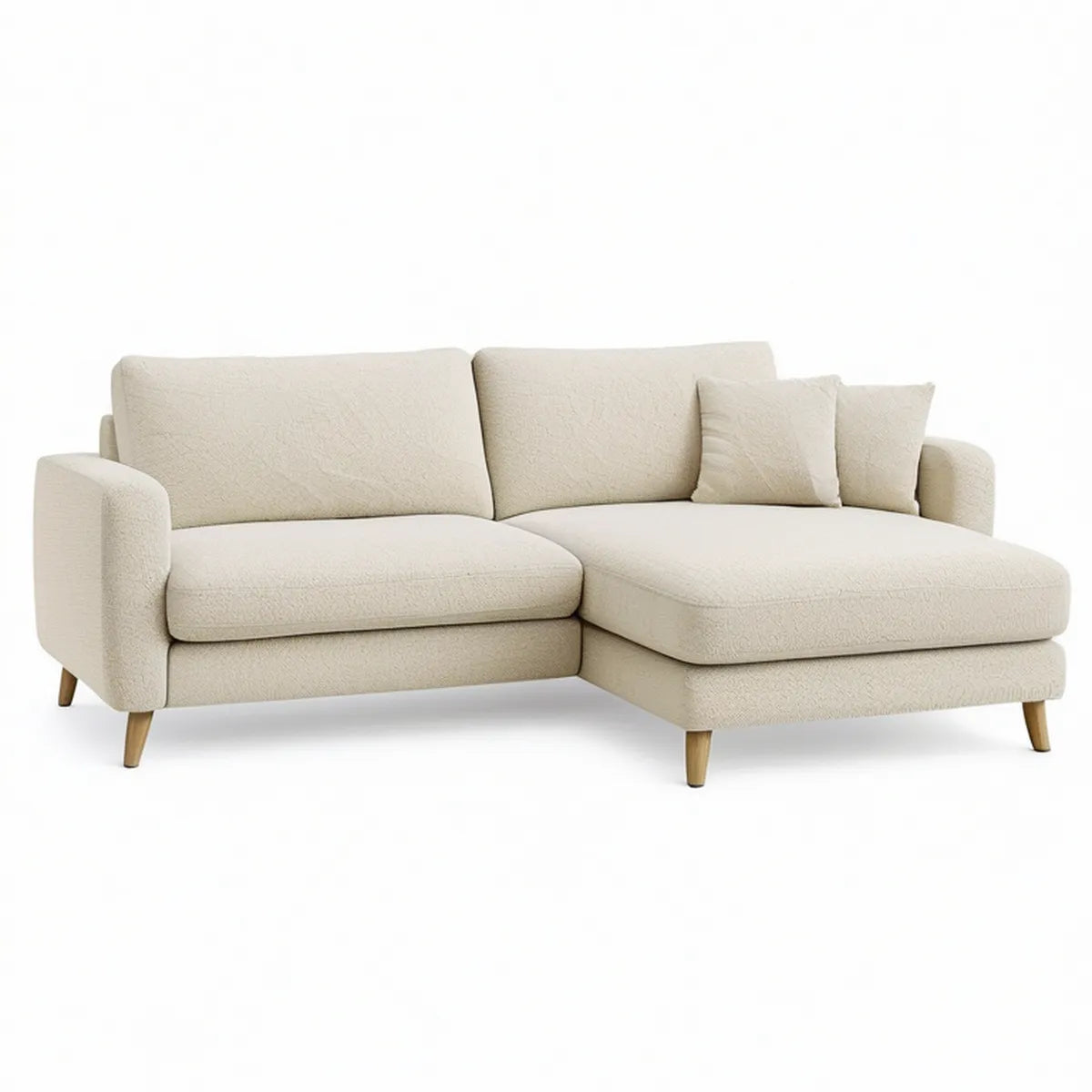 L-formet 3-personers sofa med højrevendt chaiselong i creme bouclé, 230 x 150 x 85 cm