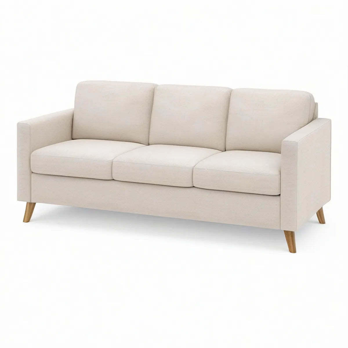 3-personers sofa i naturhvid polyester med naturbrune træben, 200 x 85 x 85 cm